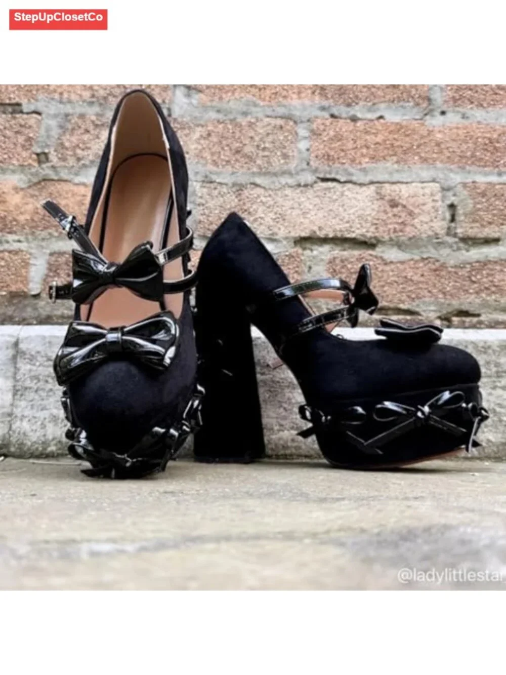 Women's Mary Jane Chunky Heel Platform Pumps Bowknots Faux Suede